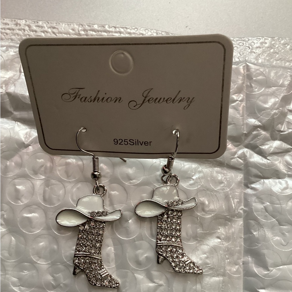 Silver  & White Cowboy Hat Earrings